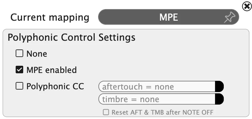 MIDI mapping menu MPE